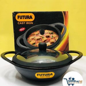 Hawkins Futura 2 Litre Cast Iron Kadhai, Naturally Nonstick Cast Iron Kadai with Glass Lid.