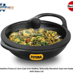 Hawkins Futura 2 Litre Cast Iron Kadhai, Naturally Nonstick Cast Iron Kadai with Glass Lid.