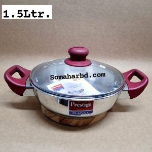1.5 -Ltr Prestige Platina Popular Stainless Steel Korai with Glass Lid.