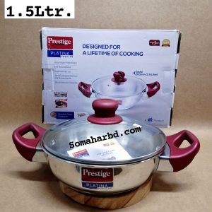 1.5 -Ltr Prestige Platina Popular Stainless Steel Korai with Glass Lid.