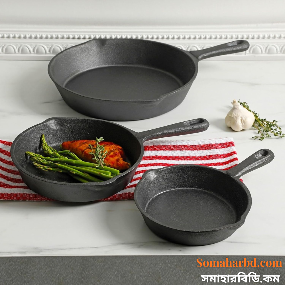 Chinis Cast Iron Fry Pan 26cm (3) Chinis Imported Heavy Duty Pre-Seasoned Skillet Fry Pan 26Cm Black.