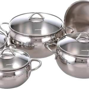Korkmaz Tombik 9 Pieces Stainless Steel Cookware Set, Induction Base Pots and Pans Set Silver 9 Pcs A1800Korkmaz Tombik 9 Pieces Stainless Steel Cookware Set, Induction Base Pots and Pans Set Silver 9 Pcs A1800