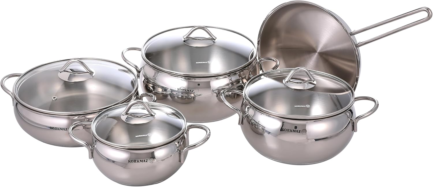 Korkmaz Tombik 9 Pieces Stainless Steel Cookware Set, 1 Korkmaz Tombik 9 Pieces Stainless Steel Cookware Set, Induction Base Pots and Pans Set Silver 9 Pcs A1800Korkmaz Tombik 9 Pieces Stainless Steel Cookware Set, Induction Base Pots and Pans Set Silver 9 Pcs A1800