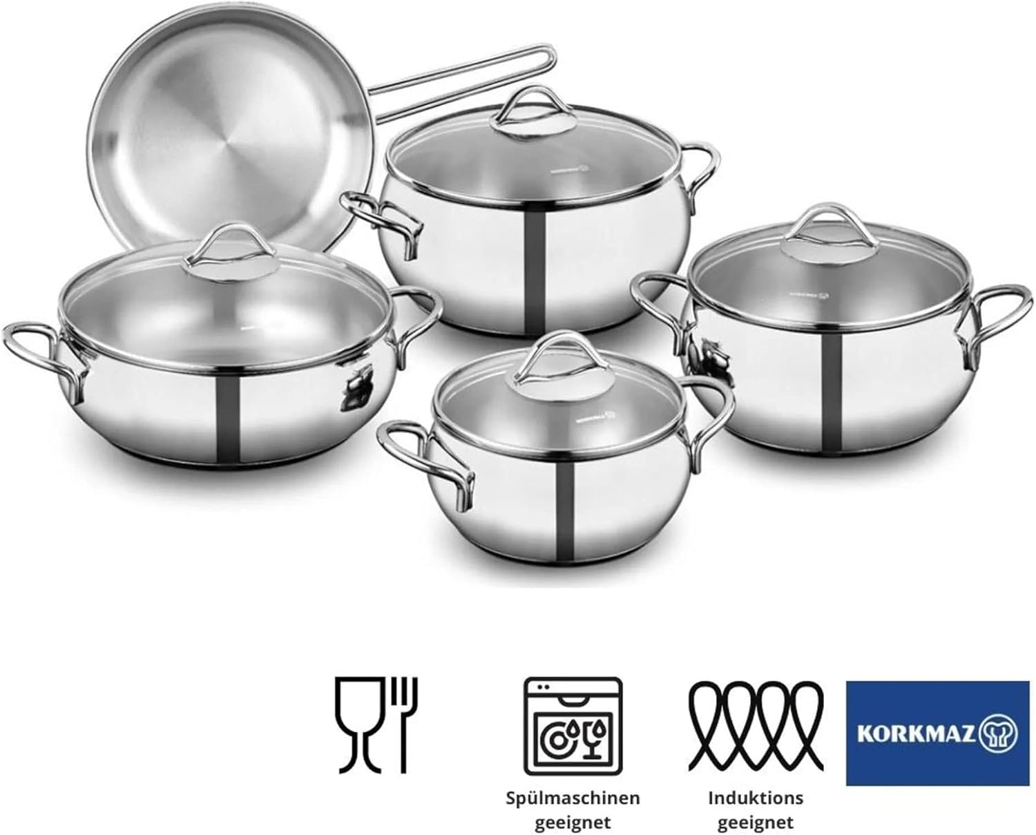 Korkmaz Tombik 9 Pieces Stainless Steel Cookware Set, Induction Base Pots and Pans Set Silver 9 Pcs A1800
