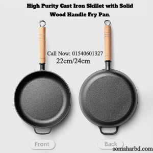 22cm High Purity Cast Iron Skillet with Solid Wood Handle Fry Pan.
