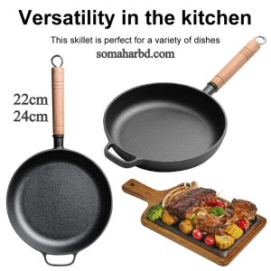 22cm High Purity Cast Iron Skillet with Solid Wood Handle Fry Pan.