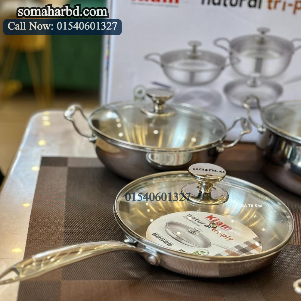 KIAM NATURAL TRI-PLY STAINLESS STEEL COOKWARE 7-PIECE SET- KARAI 26 CM, CASSEROL 26 CM, RUTI TAWA 26 CM, FRY PAN 24 CM KIAM NATURAL TRI-PLY STAINLESS STEEL COOKWARE 7-PIECE SET- KARAI 26 CM, CASSEROL 26 CM, RUTI TAWA 26 CM, FRY PAN 24 CM