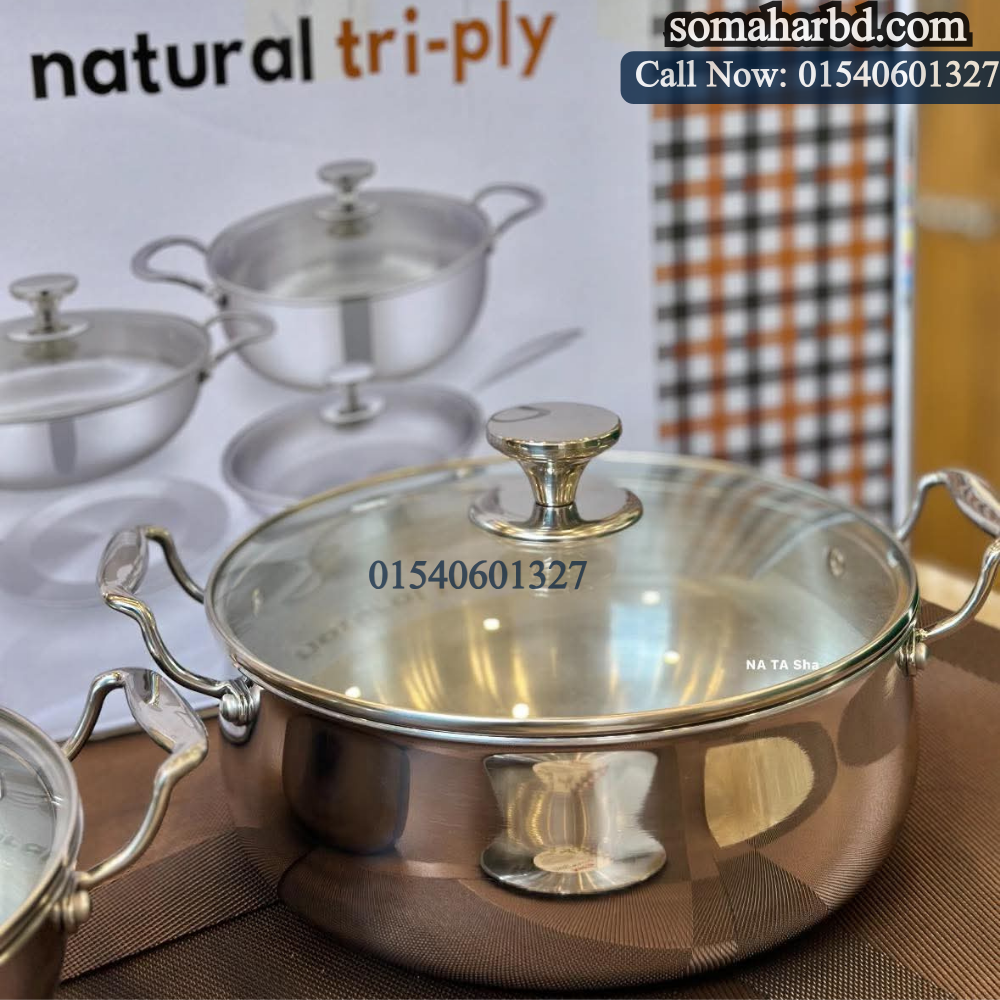 KIAM NATURAL TRI-PLY STAINLESS STEEL COOKWARE 7-PIECE SET- KARAI 26 CM, CASSEROL 26 CM, RUTI TAWA 26 CM, FRY PAN 24 CM KIAM NATURAL TRI-PLY STAINLESS STEEL COOKWARE 7-PIECE SET- KARAI 26 CM, CASSEROL 26 CM, RUTI TAWA 26 CM, FRY PAN 24 CM