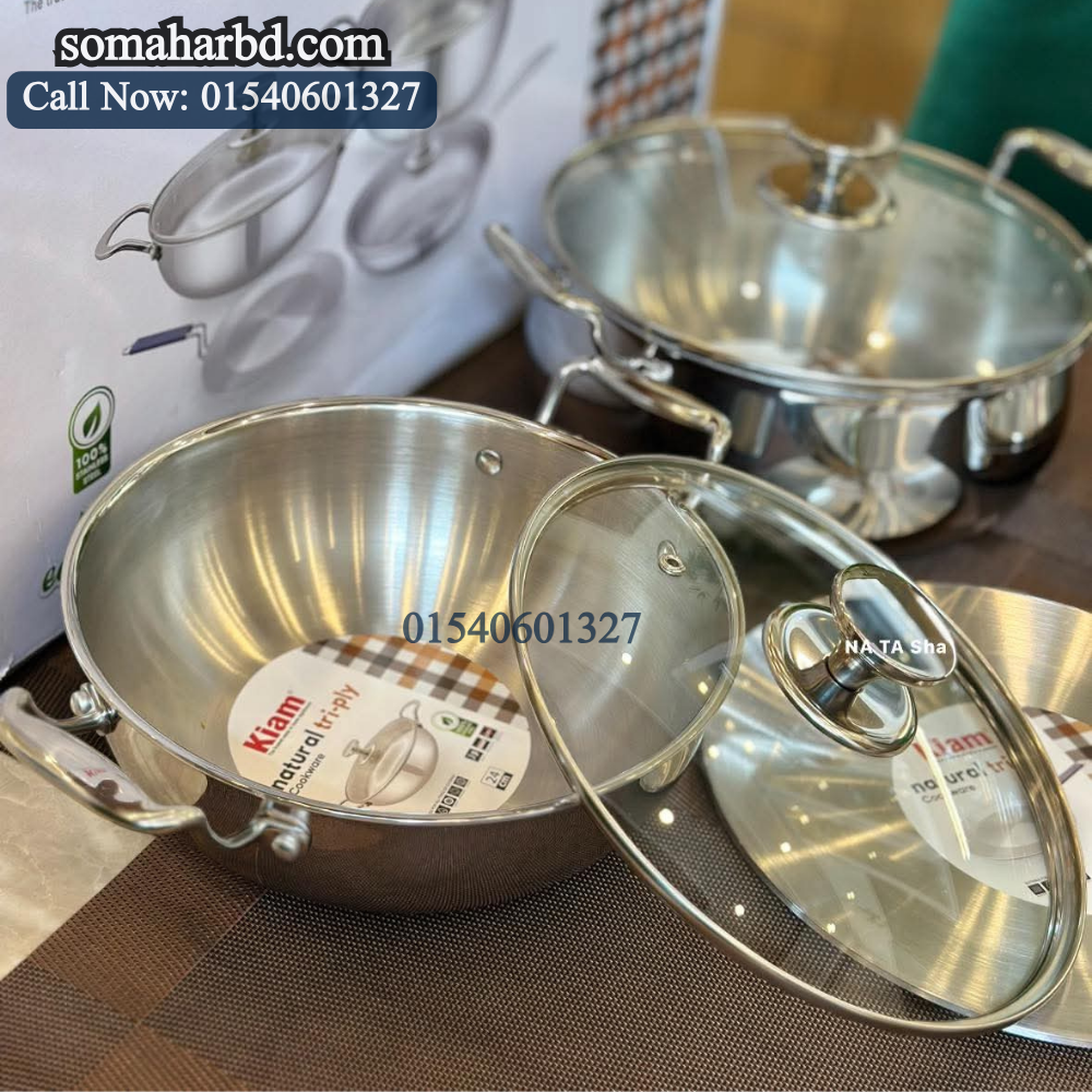 KIAM NATURAL TRI-PLY STAINLESS STEEL COOKWARE 7-PIECE SET- KARAI 26 CM, CASSEROL 26 CM, RUTI TAWA 26 CM, FRY PAN 24 CM KIAM NATURAL TRI-PLY STAINLESS STEEL COOKWARE 7-PIECE SET- KARAI 26 CM, CASSEROL 26 CM, RUTI TAWA 26 CM, FRY PAN 24 CM