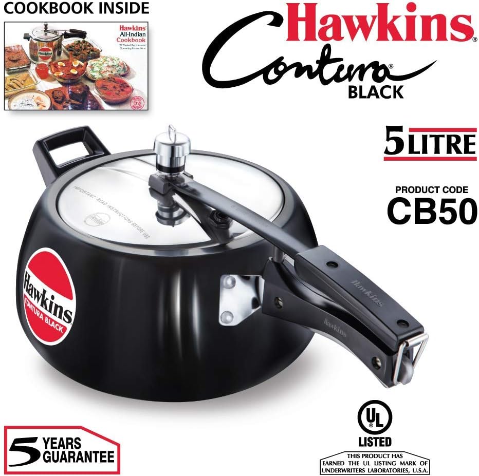 HAWKINS Hawkins Contura Black Pressure Cooker, 5 Litre, Black (Hard Anodized 2 Hawkins Hard Anodized Pressure Cooker 5L(CB50)