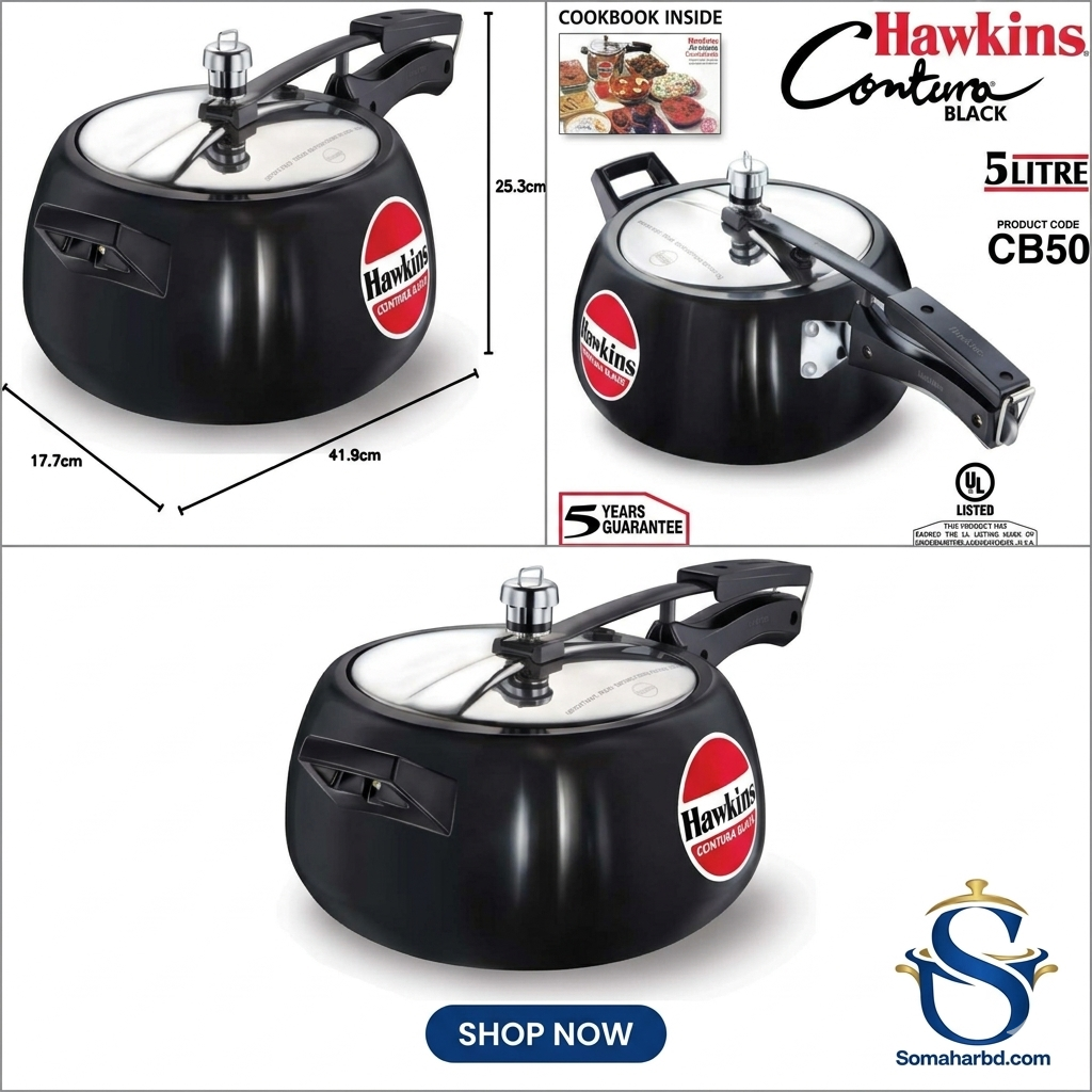 HAWKINS Hawkins Contura Black Pressure Cooker, 5 Litre, Black (Hard Anodized Hawkins Hard Anodized Pressure Cooker 5L(CB50)