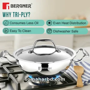 32cm Bergner Argent Extra Deep Tri-Ply Stainless Steel Korai With Lid.