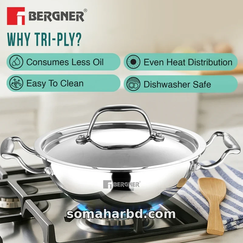 32cm Bergner Argent Extra Deep Tri-Ply Stainless Steel Korai With Lid.