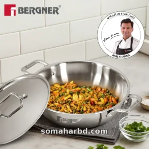 24cm Bergner Argent Extra Deep Tri-Ply Stainless Steel Korai With Lid.