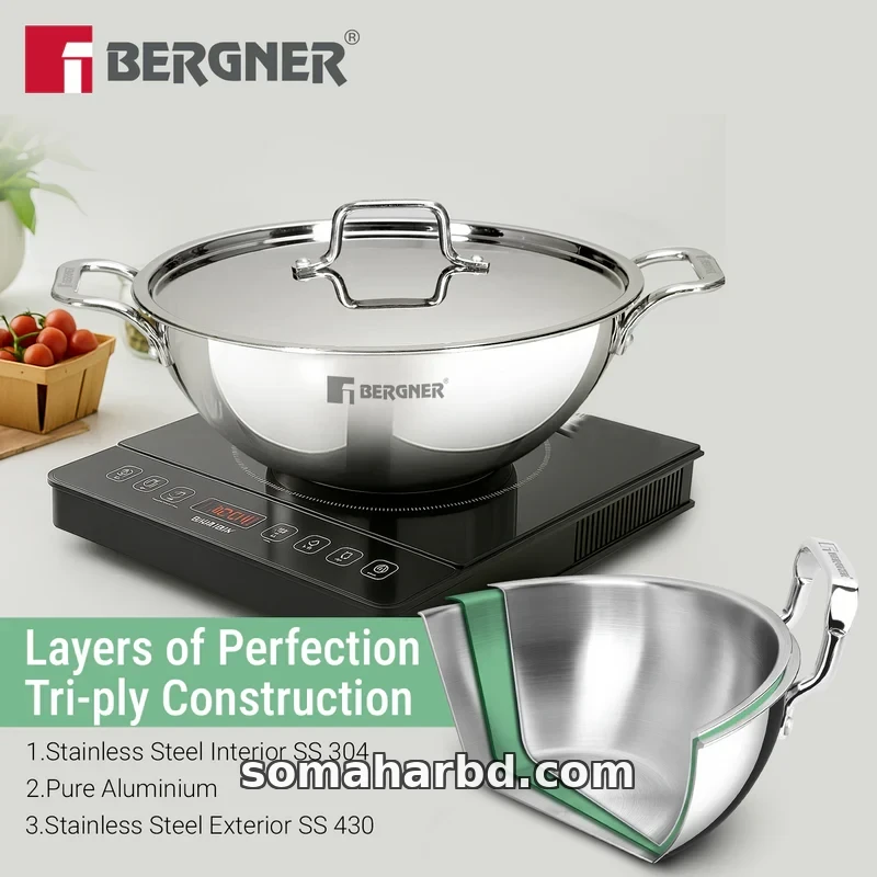 28cm Bergner Argent Extra Deep Tri-Ply Stainless Steel Korai With Lid. 28cm Bergner Argent Extra Deep Tri-Ply Stainless Steel Korai With Lid.
