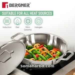 26cm Bergner Argent Extra Deep Tri-Ply Stainless Steel Korai With Lid.
