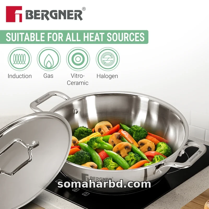 26cm Bergner Argent Extra Deep Tri-Ply Stainless Steel Korai With Lid. 26cm Bergner Argent Extra Deep Tri-Ply Stainless Steel Korai With Lid.