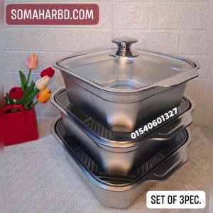 Key Features & SpecificationsHigh-Grade Stainless Steel: Non-reactive, food-safe, and rust-resistant steel construction preserves food flavor and hygiene.3-Piece Stackable Set: Comes in three graduated sizes (Small, Medium, Large) for flexible serving portions and easy storage.Deep-Dish Square Design: Provides ample capacity for serving gravies, biryani, vegetables, or desserts without splashing.Transparent Glass Lids: Heavy-duty clear glass lids allow you to view contents easily while keeping meals covered and hot.Stylish Crown Knob Handle: Features a wide, ergonomic metallic lid knob for a secure grip and elegant visual appeal.Integrated Side Handles: Built directly into the steel body for smooth, safe lifting and transport from stove/counter to table.Space-Efficient Nesting: All three containers stack neatly inside one another to save valuable kitchen cabinet space.Product Details TableFeatureDetailsProduct TypeDeep Serving Dish / Hotpot / Casserole SetMaterialFood-Grade Stainless Steel + Tempered GlassQuantity3 Pieces (3 Containers + 3 Glass Lids)ShapeSquare (Deep Capacity)Lid StyleClear Glass with Metallic KnobHandlesMolded Stainless Steel Side HandlesIdeal ForDaily Dining, Parties, Catering, Hot Food Serving